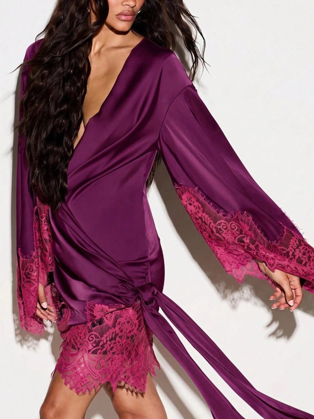 Purple Elegant Women's Wrap Mini Dress With Floral Lace Trim - Picture 3 of 5